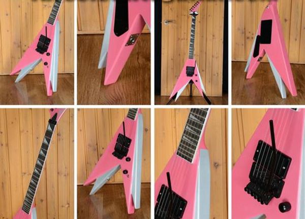 Nadir Jack oğlu Vinnie Vincent Çift V Pembe Beyaz Elektro Gitar, Floyd Rose Tremolo, Köpekbalığı Yasası Kakmı, EMG Pikap, Siyah Donanım