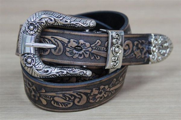 

pure cowhide vintage both men and women punk rock carving rose geniune leather waist belt flower engraved cowboy pin buckle, Black;brown