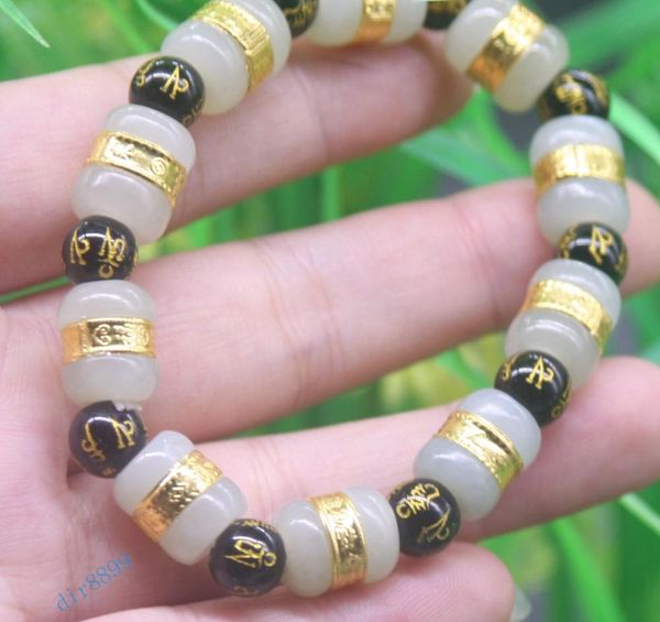 

fashion natural hetian carved maxim with 8mm black agate beads bracelet 564 stone