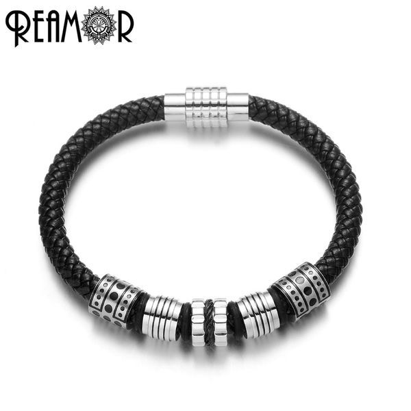 

reamor 316l stainless steel beaded men's bracelet jewelry black genuine braided leather bracelets male cuff bangles, Golden;silver