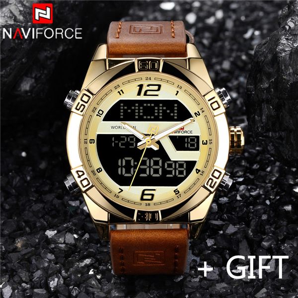 

naviforce brand dual display watch men sport quartz led watches leather band analog digital wrist watches waterproof clock 9128, Slivery;brown