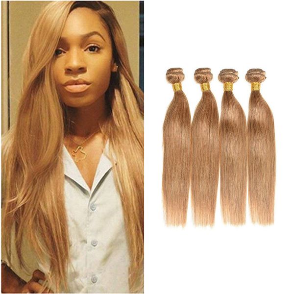 Cabelo Humano Em Linha Reta de Seda brasileira 3/4 Pacotes de Cor Pura Mel Loiro # 27 Cabelo Tece Reta Tecer Extensões de Cabelo Para A Mulher Negra