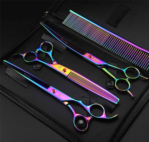 

8.0 inch pet scissors dog grooming scissors set japan 440c straight + curved + thinning kits dogs hair cutting shears