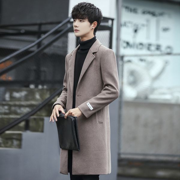 

casual fashion men long woolen coat long sleeve solid mens jacket turn down collar single breasted cashmere overcoat and jacket, Black