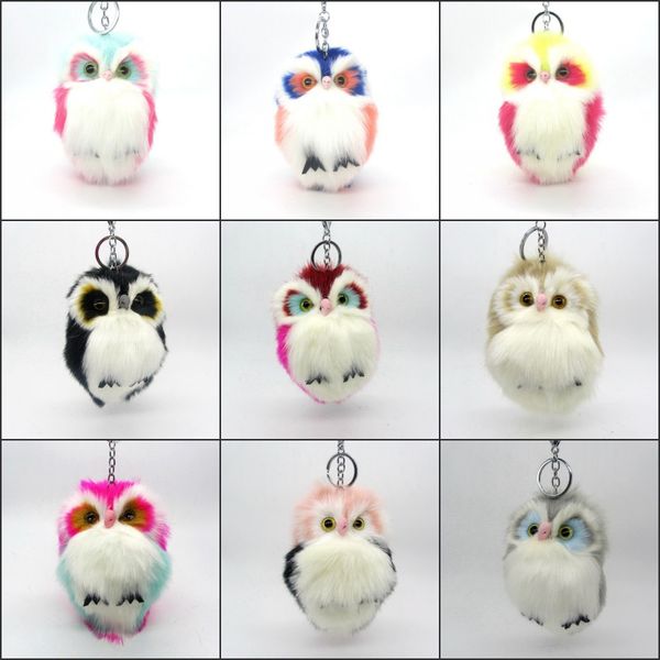 

cute fluffy owl pendant pompom keychain women key ring faux bunny rabbit fur key rings for handbag car decoration, Silver