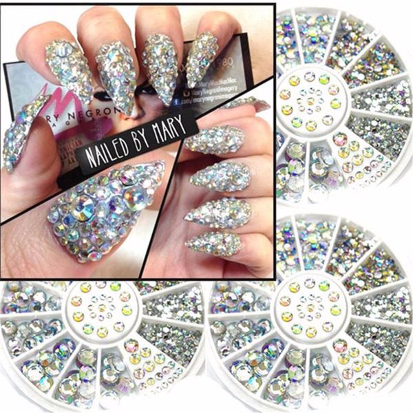 

1 case crystal rhinestones nails tips clear/ab no fix glue diy glitter designs nail art manicure mixed size 3d stones, Silver;gold