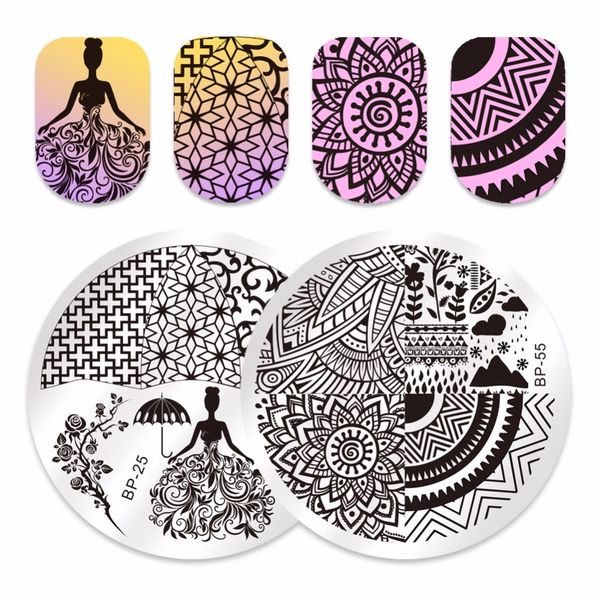 

2pcs/set born pretty round nail stamping plate panda dandelion wedding dress geometrical line nail art template script image, White