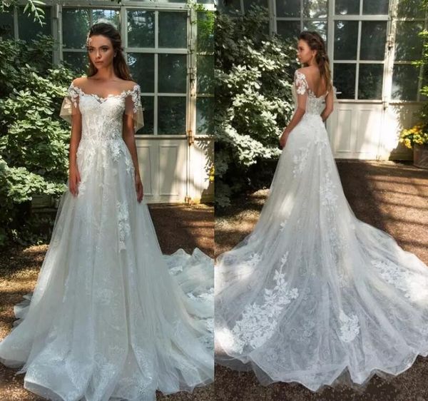 

2018 слоновая кость boho линия кружева свадебные платья с коротким рукавом тюль сад пляж свадебные платья сексуальная низкая назад длинные р, White