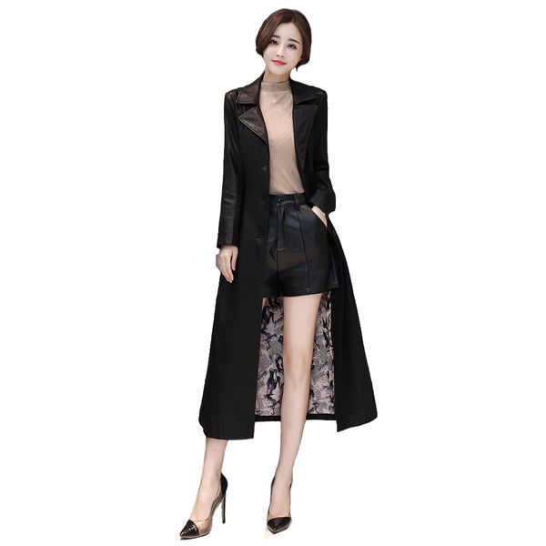

2018 lady autumn new fashion long leather jacket highwaist slim leather windbreaker single-breasted coats, Black