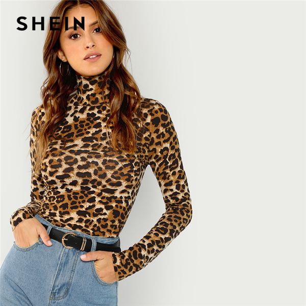 

shein brown highstreet office lady high neck leopard print fitted pullovers long sleeve tee 2018 autumn casual women t-shirt top, White