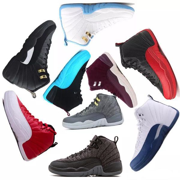 

wholesale gym red basketball shoes sneakers 12 12s wings wntr wool white flu game unc french blue new athletic men sport trainer 7-13