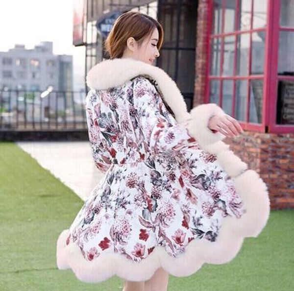 

women's fur coat korean fashion printing long women's coat winter jacket warm cotton parkas, Black