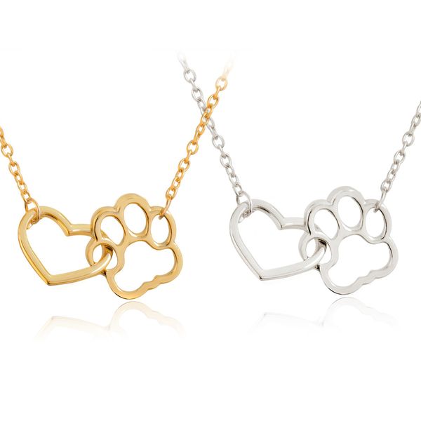 

hollow pet paw footprint necklaces shellhard cute animal dog cat love heart pendant necklace for women girls jewelry necklace, Silver