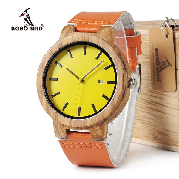 

bobo bird wo09 zebra wood watches yellow orange leather band calendar quartz watch for men women with wooden box oem, Slivery;brown