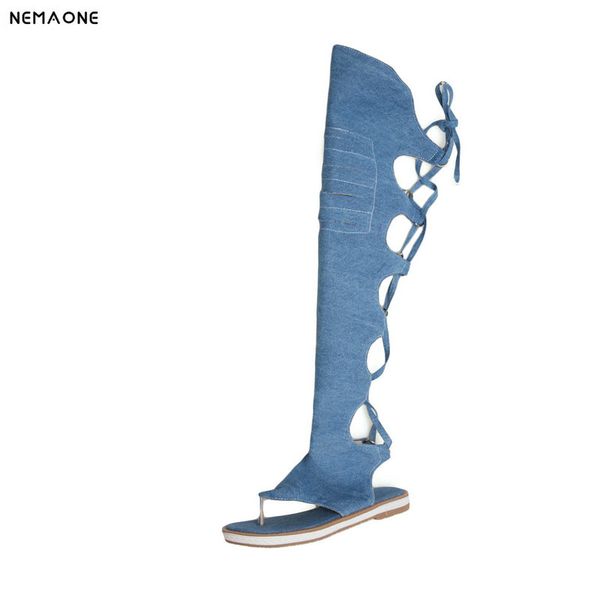 

nemaone women thong shoes denim summer boots low heels over the knee high boots woman black blue beige