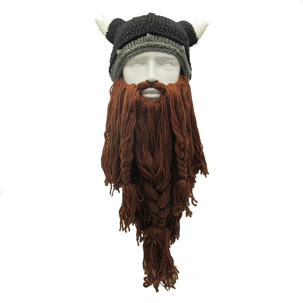 

lmfc funny men's winter hats barbarian vagabond viking beard hat ox horn handmade beanie knit warm man caps birthday party gifts