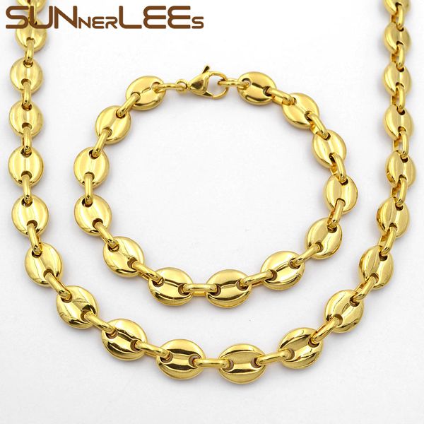 

7mm sunnerlees fashion jewelry stainless steel necklace bracelet set mens womens coffee beans link chain sc13 s, Silver