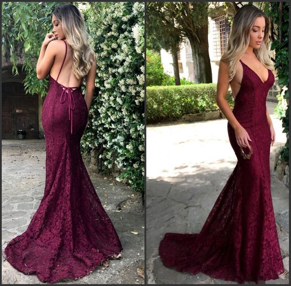 

deep v neck plunging burgundy lace backless formal evening dresses elegant mermaid prom dress vestidos de gala de noche largos, Black;red