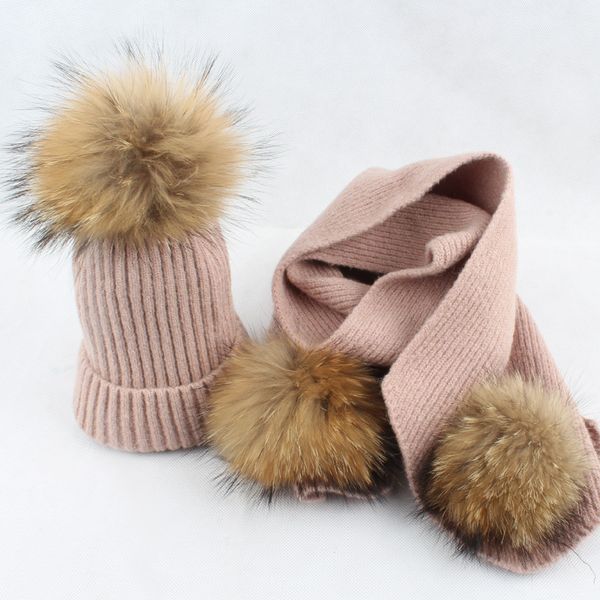 

lady fashion 30% wool 70% acrylic scarves and hats sets 15cm raccoon fur pom poms female winter warm neck rings lf4163, Blue;gray