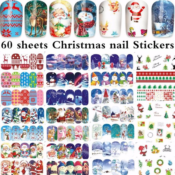 

60 sheets mixed design christmas water decal nail art nail sticker slider tattoo full cover santa claus snowman xmas decals 1188, Black