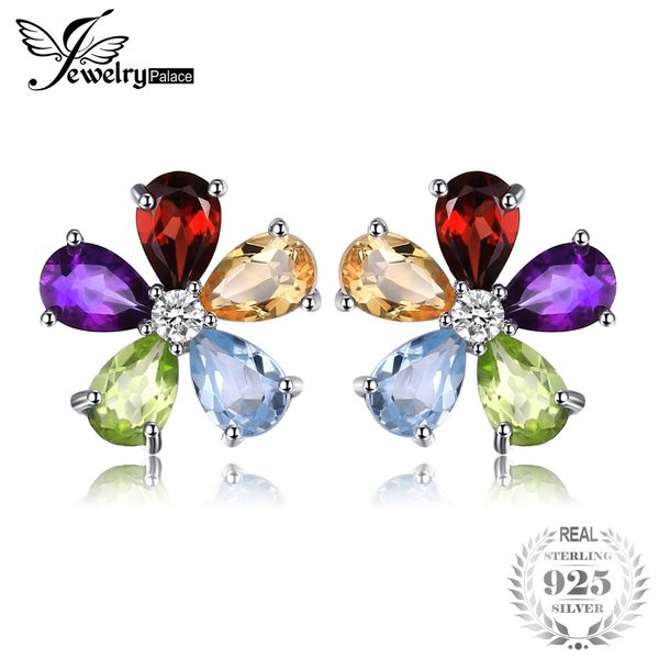 

jewelrypalace flower 4.3ct multicolor natural amethyst citrine garnet peridot blue z stud earrings 925 sterling silver, Golden;silver
