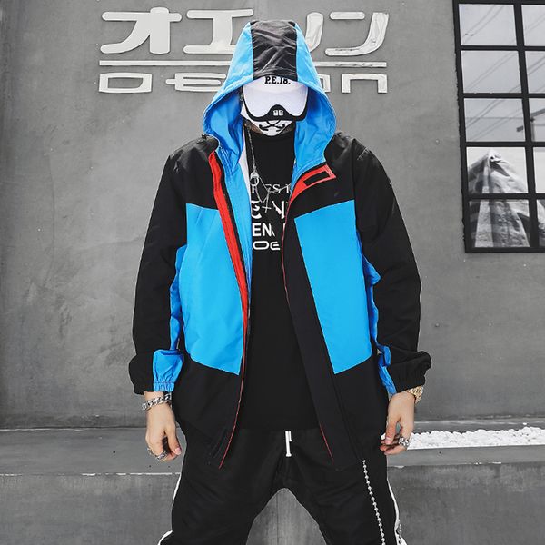 

anorak patchwork jacket windbreaker men hip hop streetwear mens hooded trench coat vintage men windbreakers blue red overcoats, Tan;black