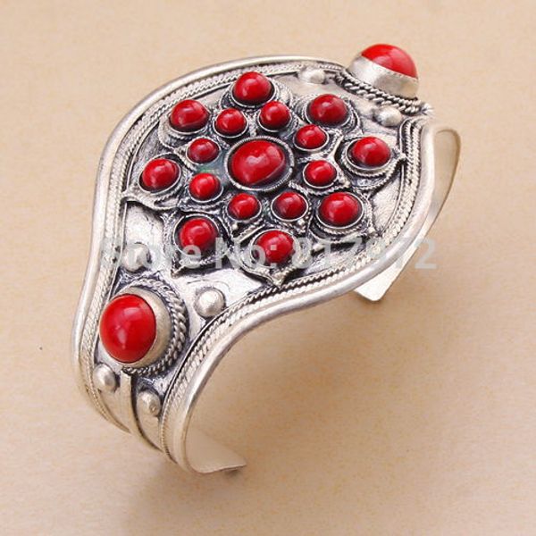 

retro tibet silver carved flower inlay round red coral cuff bracelet guarantee adjustable party gift &6yb00079, White