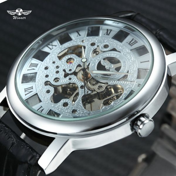 

winner skeleton men mechanical watches roman numerals luminous hands dial leather watch band men wrist watch, Slivery;brown