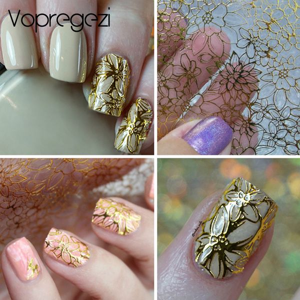 

vopregezi embossed 3d nail stickers for nails flower nail art water transfer metallic stickers tips decoration water decals, Black