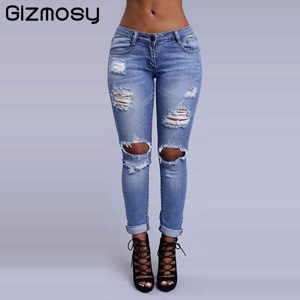 

wholesale-low waist distressed jeans new 2017 ladies cotton denim pants stretch womens ripped skinny denim jeans for female bn1784, Blue