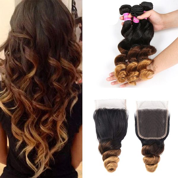 

ombre loose wave t1b/4/30# dark root brown blonde human hair bundles with lace closure colored peruvian hair weave with closure, Black;brown