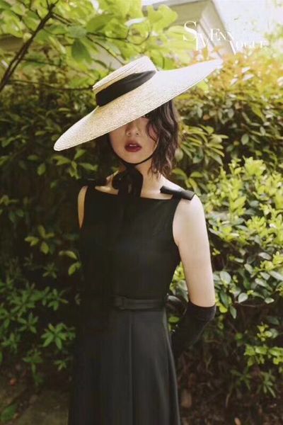 

01806-axi summer natural handmade paper style wind brim leisure beach black ribbon lady cap women sun hat, Blue;gray