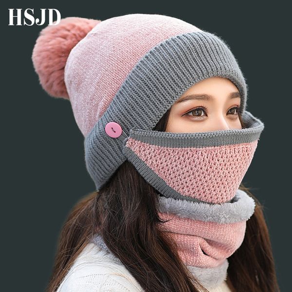 

new winter women chenille knitted hat scarf and mask set 3 pieces female thick skullies beanies warm balaclava ski caps for girl, Blue;gray