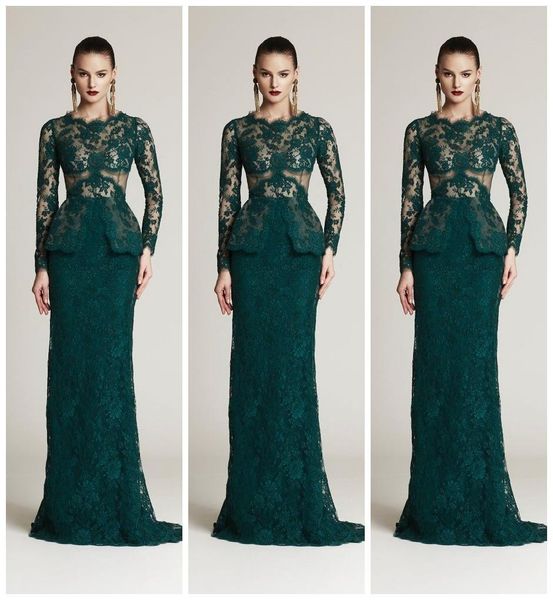 

Dark Hunter Green Full Lace Mermaid Formal Evening Dresses Crew Long Sleeve Peplum Sexy Party Prom Dress Gowns Vestidos De Festa Cheap