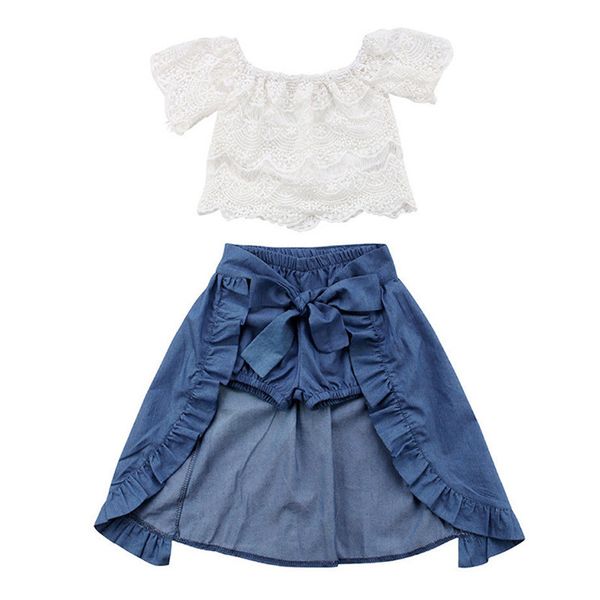 

2018 children clothing set girls dress fashion baby girls clothes lace white +denim shorts + ruffle bow skirt kids clothes y1892604