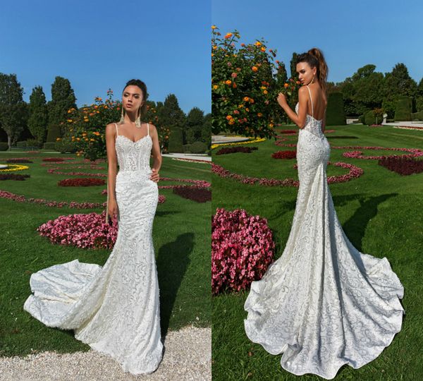 

mermaid wedding dresses spaghetti lace appliques beaded sweep train backless country garden bridal gowns long plus size wedding dress, White