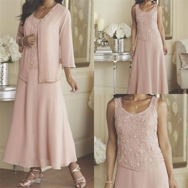 Rosa Comprimento Do Tornozelo Mãe Da Noiva Vestidos Com Jaqueta De Renda Appliqued Plus Size Vestidos De Noite Formal Do Convidado Do Casamento Vestido