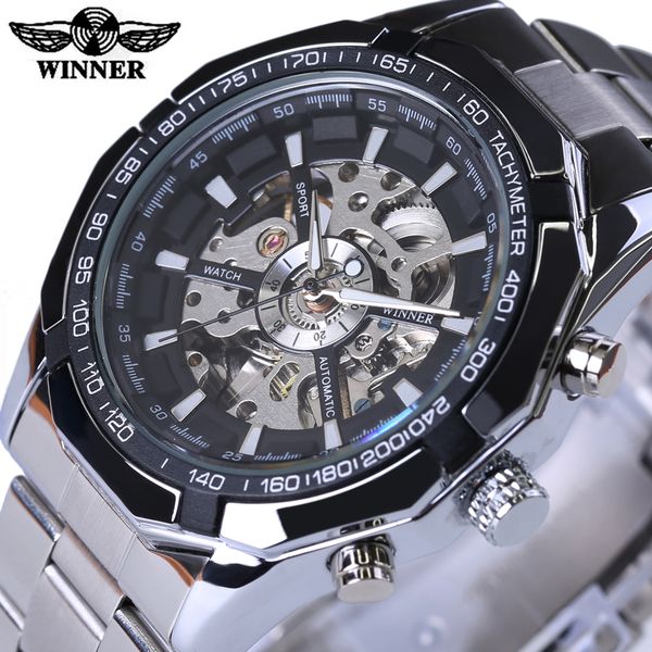

winner stainless steel skeleton designer mens watches automatic casual mechanical watch clock men wristwatch, Slivery;brown
