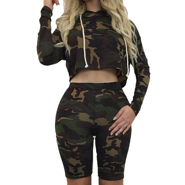 

two piece set summer tracksuit womens clothing camouflage hoodies pullover knee length shorts sweatshirts summer for women, Gray
