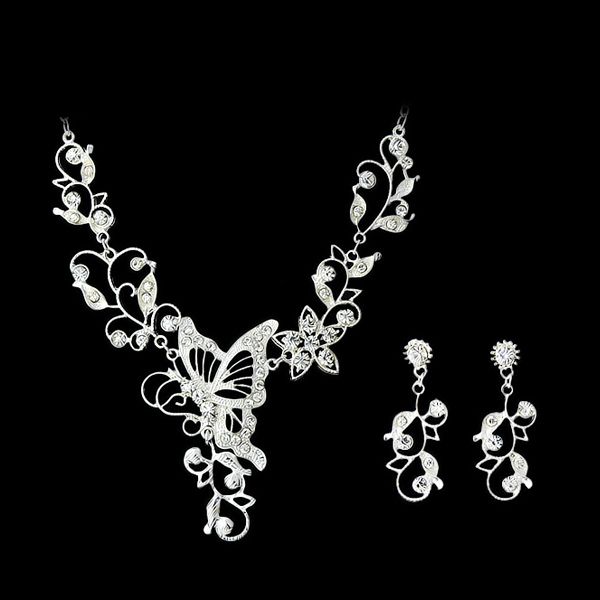 

bridal silver color jewelry sets silver color leaf hollow out butterfly necklace and flower earrings for wedding dress