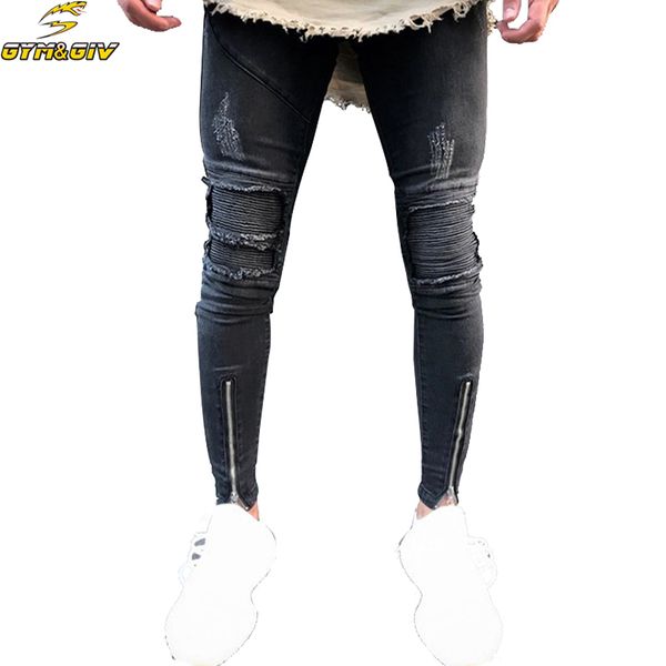 

2018 new men sim fit skinny jeans distressed ripped holes pleated patchwork jeans zippers biker black hip hop #1842, Blue