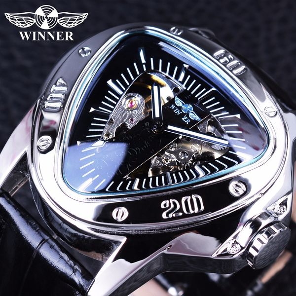 

Winner Creative Racing Design Triangle Design Silver Skeleton Dial Mens Watch Top Brand Luxury Automatic Mechanical Watch Clock S917