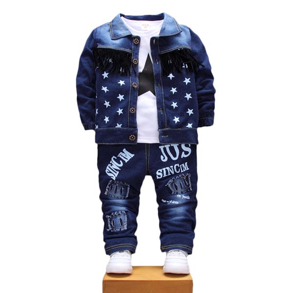 

children boys girls denim clothing sets baby star jacket t-shirt pants 3pcs/sets autumn toddler tracksuits, White