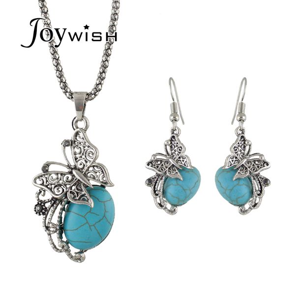 

joywish vintage style ethnic jewelry set antique silver color with blue stone butterfly pendant necklace and drop earrings
