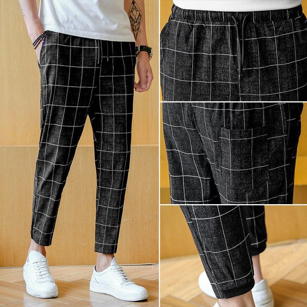 

2018 summer fashion trend lattice teenagers handsome men casual pants cotton leisure plaid male trousers tide sweatpants homme, Black