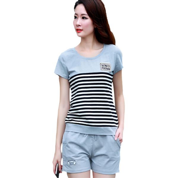 

2018 women's two piece tracksuits set summer striped t shirt +shorts women casual outfit, White