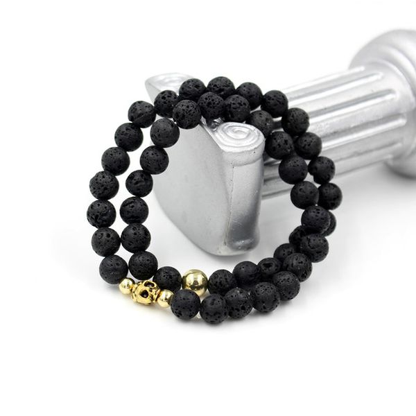 Antiguo Plata Cráneo Y Piedra De Lava Pulsera de abalorios