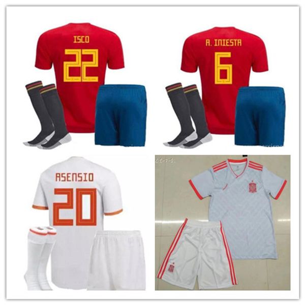 

2018 KID Youth kits SPAIN Soccer Jerseys PIQUE18/19 Ramos ASENSIO ISCO THIAGO A.INIESTA SILVA Football Shirt socks away shorts world cup