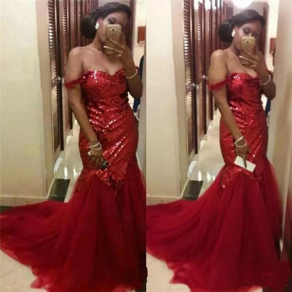 

red sequined prom dresses gorgeous off the shoulder mermaid evening gowns arabic long tulle special occasion formal party wear, Black