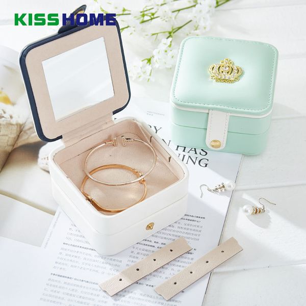 

2 color crown mini travel accessories case jewelry storage casket leather ring earring organizer box wedding birthday gift bag